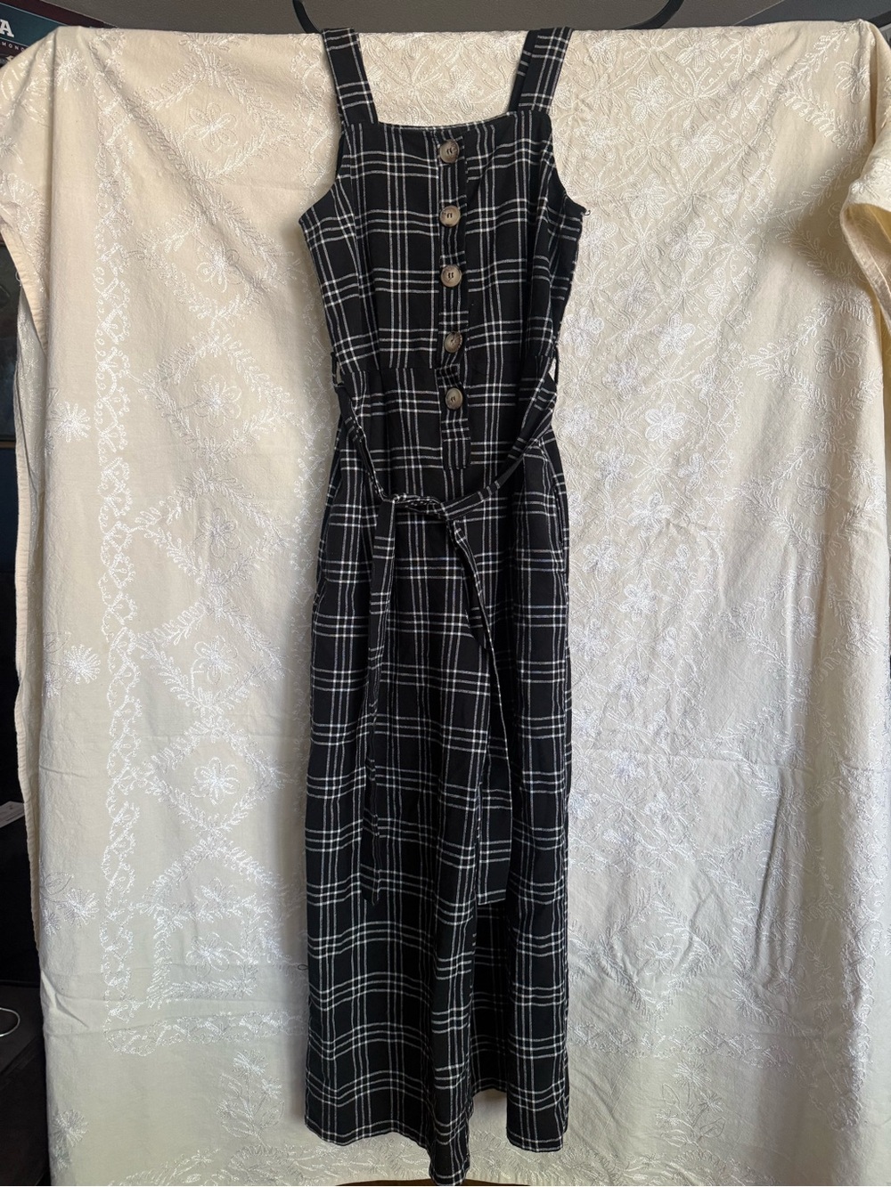 American Eagle Black Plaid Button-Front Maxi Jumpsuit with Tie Waist